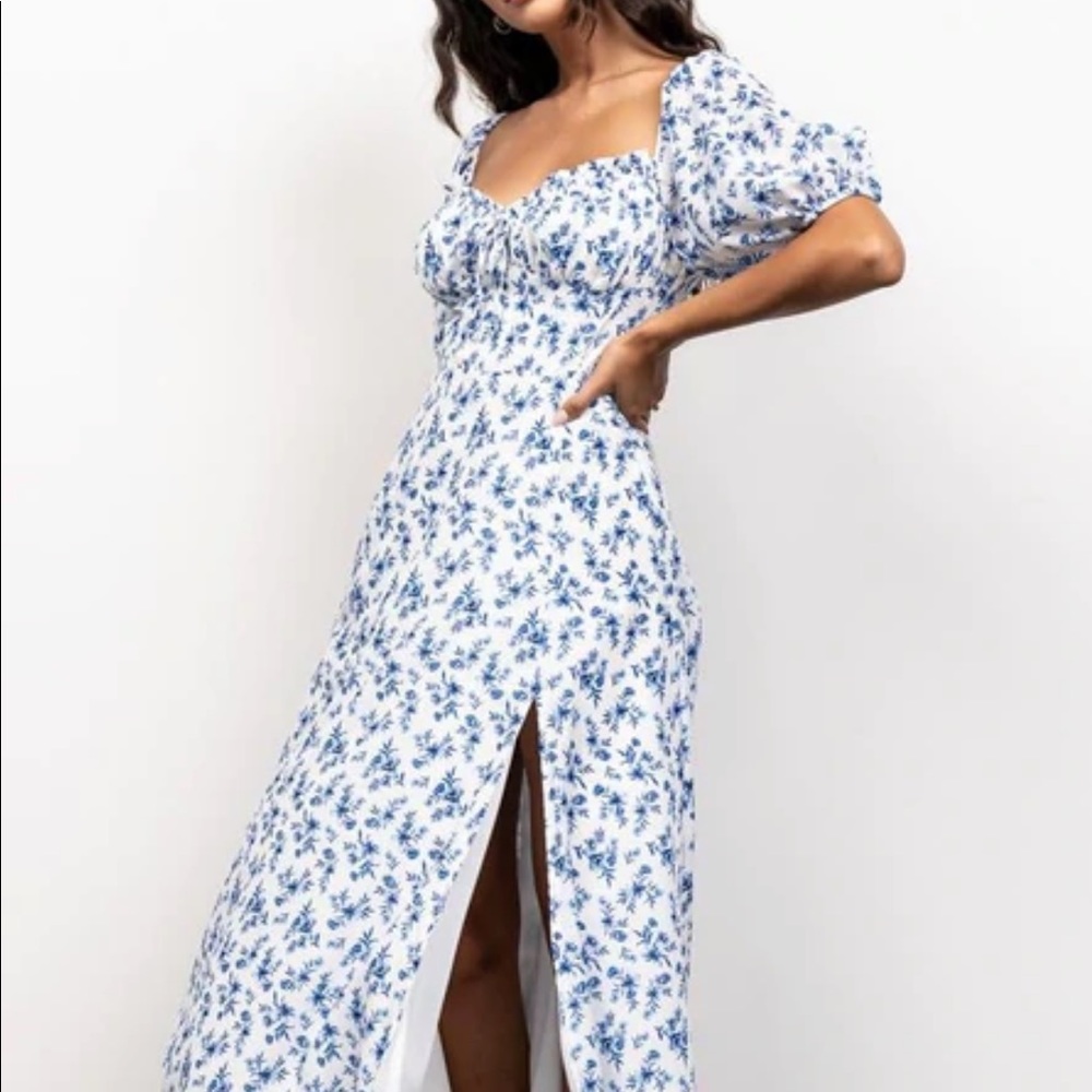 Blue Floral Puff-Sleeve Dress